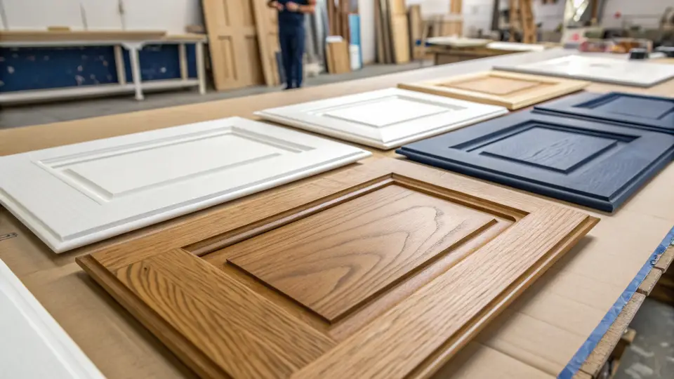 Cabinet door samples in white, natural wood and navy blue laid on a workshop table