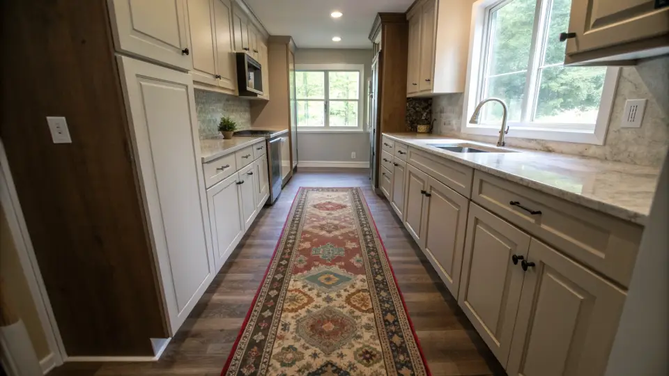 A narrow kitchen with cream cabinets along both walls, a patterned runner on a wood floor between them and a window at the far end