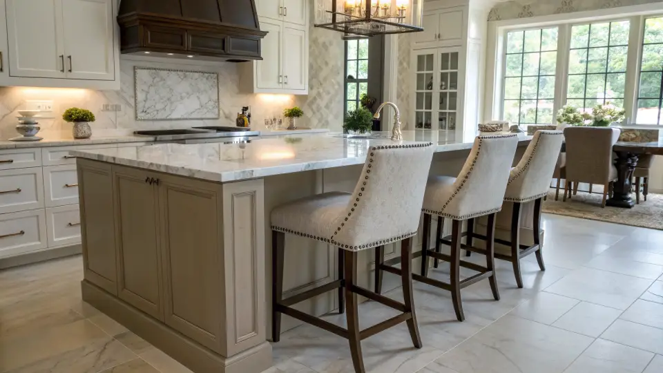 A large kitchen island with a stone counter and upholstered bar stools in front of white cabinets and a wood range hood