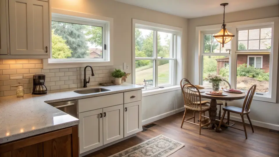 A corner of a kitchen with a white counter and sink under a window, tile backsplash and a dining table by large windows
