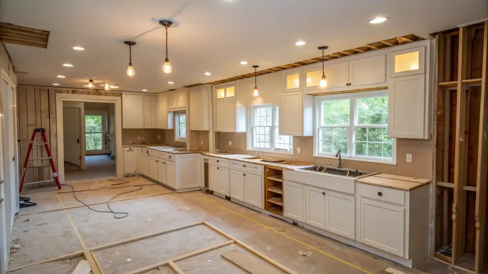 A gutted kitchen with exposed wall framing, a bare subfloor, a stepladder, and cabinets along a wall