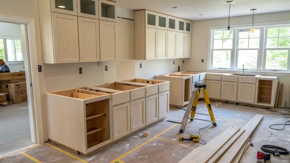A kitchen in progress with cabinet boxes set in place, a yellow ladder and tools on the floor