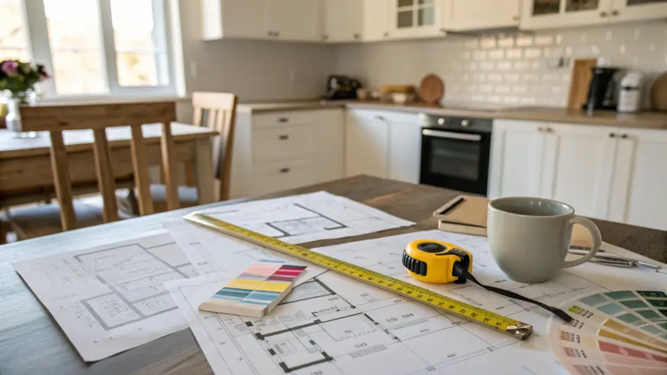 Floor plans, a tape measure, paint and color swatches and a coffee cup on a table in front of a white kitchen