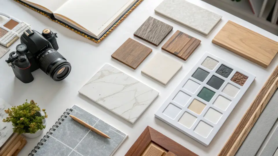 A flat lay of material samples including marble, wood and tile pieces, a paint palette, a notebook and a camera on a white table