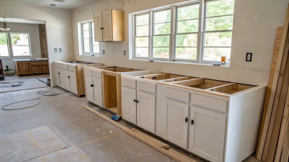Empty white cabinet boxes installed along two walls of a kitchen with no doors, countertops or drawers yet