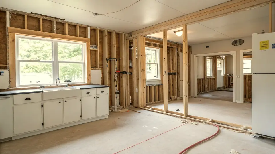 A kitchen with open wall framing, a sink under a window and cabinets, with a red hose on the floor