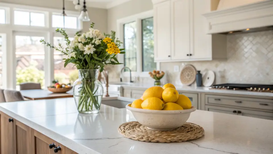 A bright white kitchen with a marble counter, a bowl of lemons, a vase of flowers and a plaster range hood