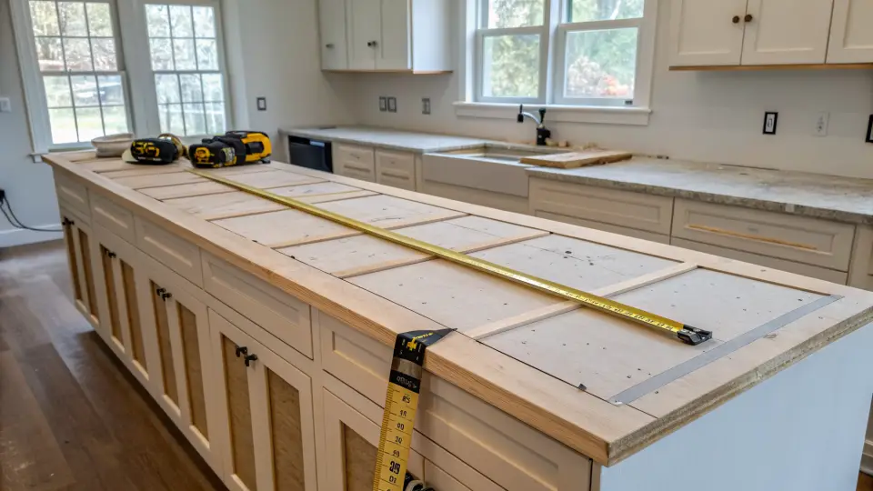 A kitchen island with a tape measure and thin template strips laid across the top, with a drill on the counter