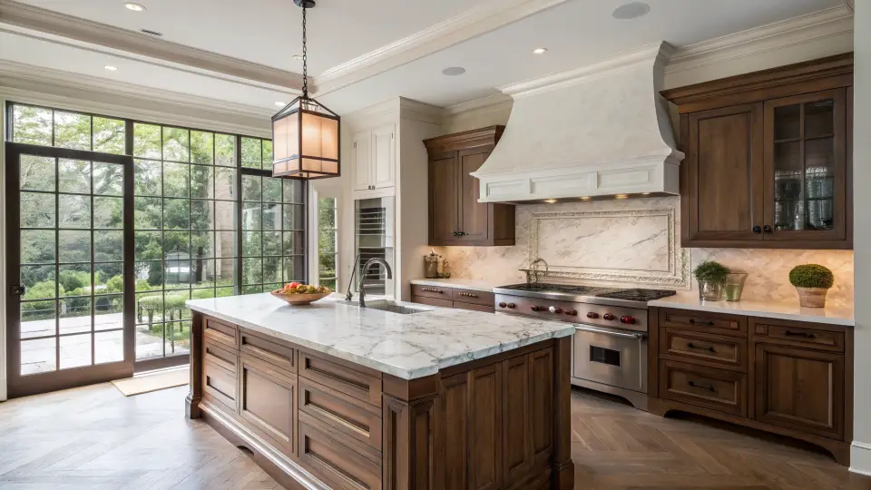 A kitchen with dark wood cabinets, a marble island, a large plaster range hood and tall windows