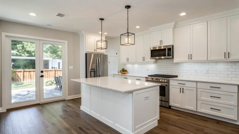 A kitchen with white cabinets, a large white island, pendant lights and a stainless range