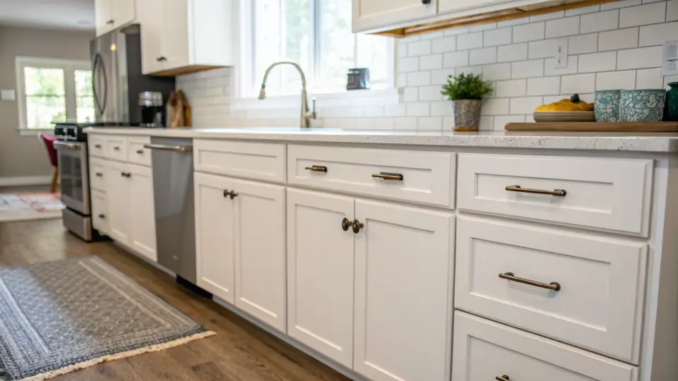 A white kitchen with an island, pendant lights, a stainless range and a stainless refrigerator